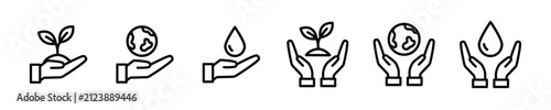 hand plant environment sustainability ecology nature simple outline icon set