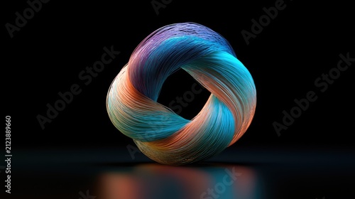 A swirling, abstract form of textured, multicolored threads on a dark background