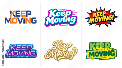 Foto An eye-catching collection of 'Keep Moving' designs in multiple styles and colors, emphasizing motivation and positive energy ideal for sports and lifestyle branding