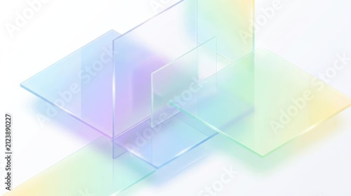 Translucent iridescent glass geometric shapes on white.