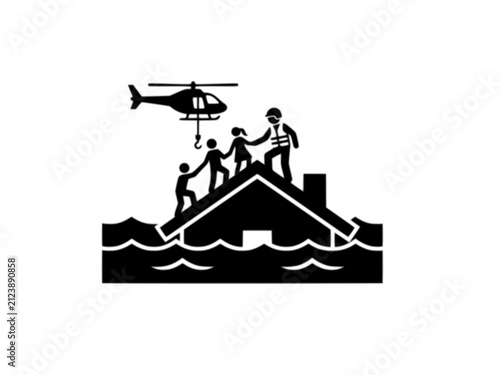 Flood Emergency House Roof Evacuation Silhouette Vector. Deep Water Rescue Natural Disaster Icon Isolated.
