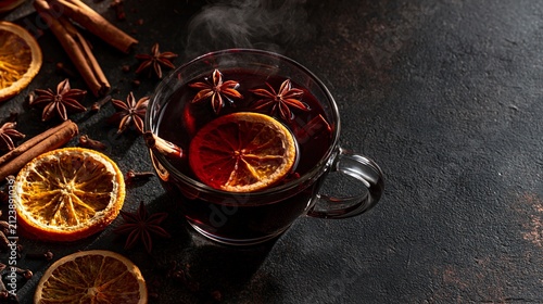 Mulled wine in a glass mug with star anise, cinnamon and dried orange