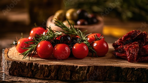 Fresh cherry tomatoes and dried fruit with herbs, artfully arranged