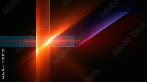 Abstract, sharp, orange, and purple light beams cross a dark background
