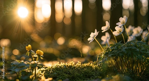 Golden sunbeams illuminate delicate white wildflowers and mossy forest floor