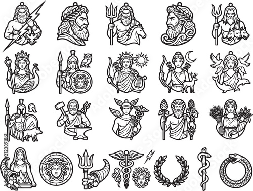 A collection of stylized illustrations depicting ancient Greek deities and mythological symbols, rendered in a classic black and white aesthetic. Each image captures the essence of a god, goddess.