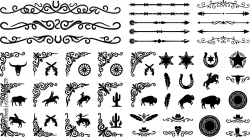 A large collection of old western design elements, embellishment, borders and divider lines.
