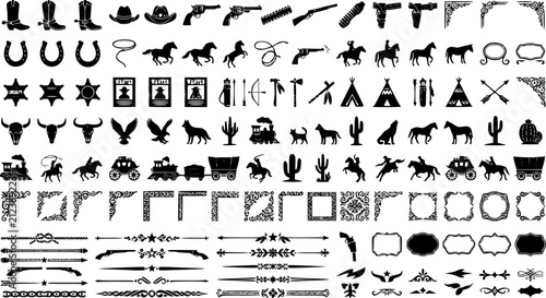 A large collection of old western design elements, embellishment, borders and divider lines.
