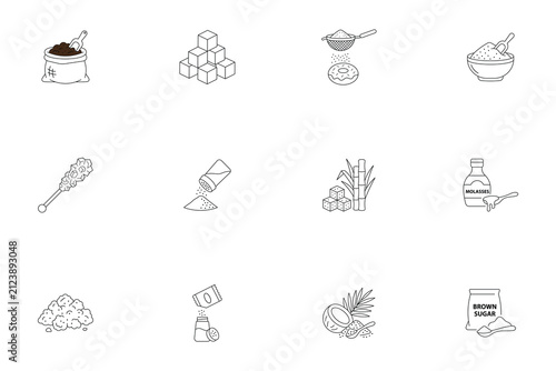 Bild auf Leinwand Sugar and sweeteners thin line icons featuring sugar cubes, sugarcane, brown sug