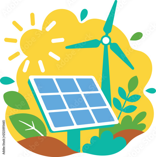 Solar Panel Sun Rays Wind Turbine Clean Energy Earth Day Blob Shape Badge Abstract Organic Bubbly Flat Design Illustration Vector Icon Minimal Style Modern Bold Colorful