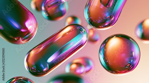 Abstract iridescent liquid spheres and capsules suspended in a gradient light