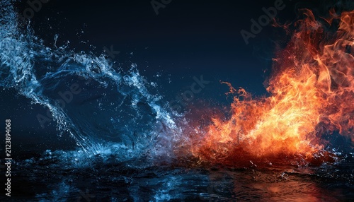 Dynamic contrast of fiery orange flames meeting cool blue liquid splashes