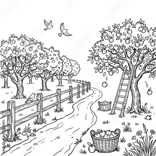 Hand Drawn Apple Orchard Landscape Black and White Vector