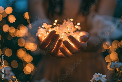 Softly glowing lights held in gentle, cupped hands, creating a warm atmosphere