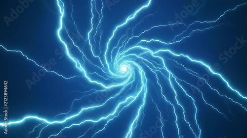 Bright blue lightning bolts spiral inward toward a central glowing point of light.