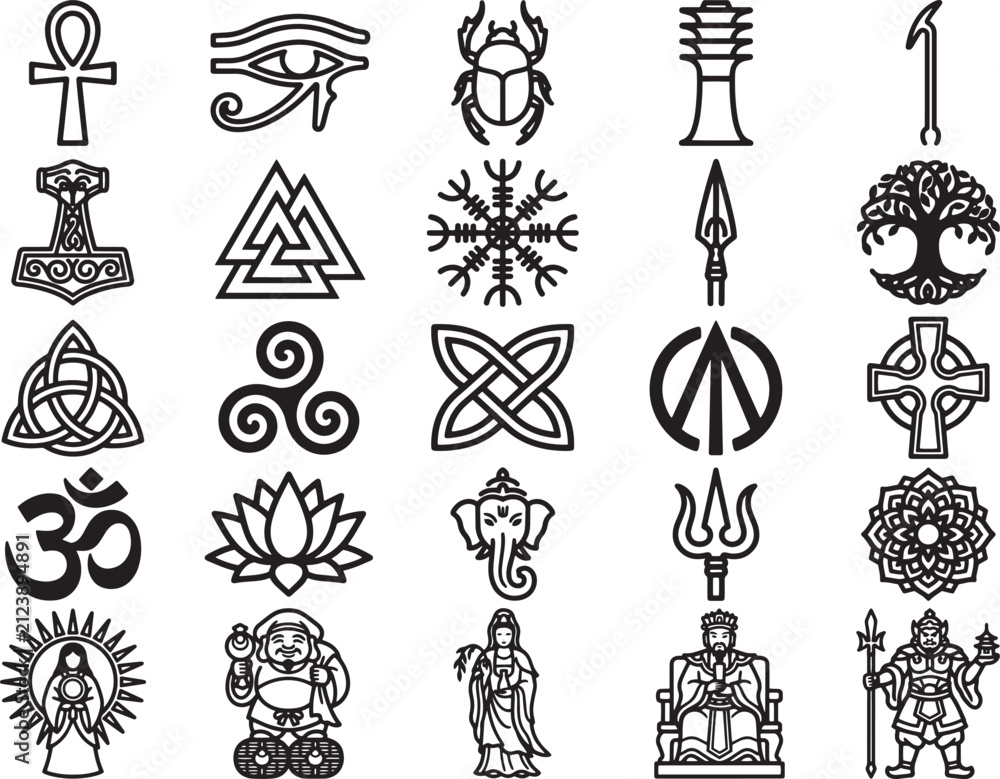 Fototapeta premium Collection of ancient mystical symbols and cultural icons, from Egyptian hieroglyphs and Norse mythology to Eastern spiritual emblems, representing diverse belief systems and ancient wisdom.