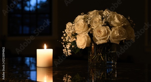 Elegant white roses in glass vase beside a lit candle in dim light