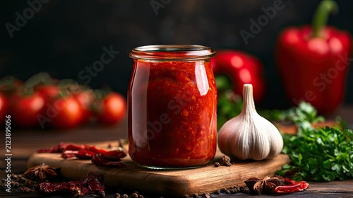 A glass jar filled with rich, textured red pepper and tomato sauce