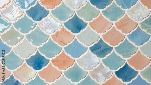 Blue scalloped ceramic tile wall background