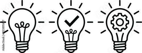 Light bulb icons representing innovation and ideas with checkmark and gear symbols for creative business solutions innovation creative solution thinking strategy business
