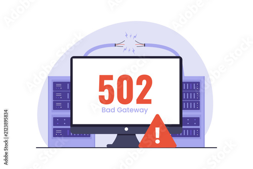 502 Bad Gateway Broken Connection Concept. Desktop computer monitor screen displaying 502 bad gateway warning with sparking broken electrical wires over server racks