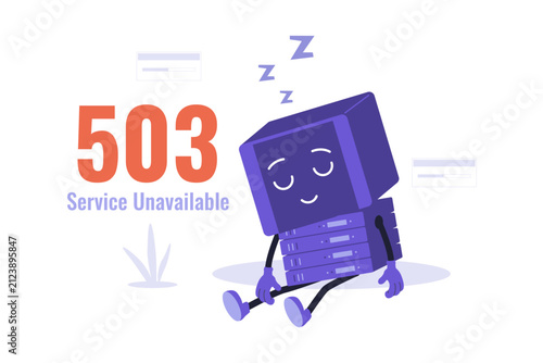 503 Service Unavailable Sleeping Server Concept. Cute sleeping server character sitting down with ZZZ symbols representing 503 service unavailable server maintenance status