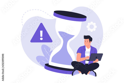 Session Expired Alert Laptop User Waiting Concept. Man sitting on floor working on laptop next to a giant hourglass and warning sign for session expired timeout notification