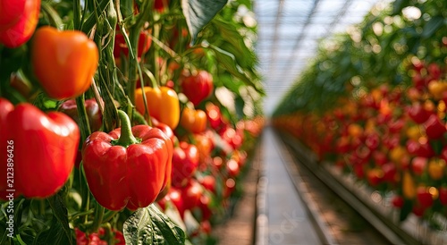 Vibrant red and orange peppers grow in neat rows within a bright greenhouse