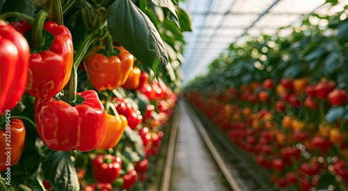 Vibrant bell peppers growing in rows inside a bright, modern greenhouse