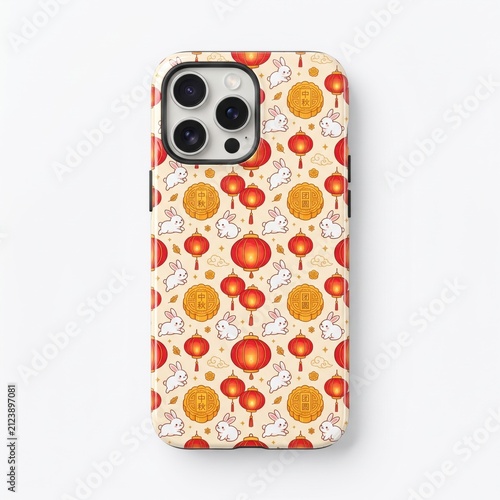 Smartphone displays a vibrant pattern of rabbits, lanterns, and mooncakes for festive decor.