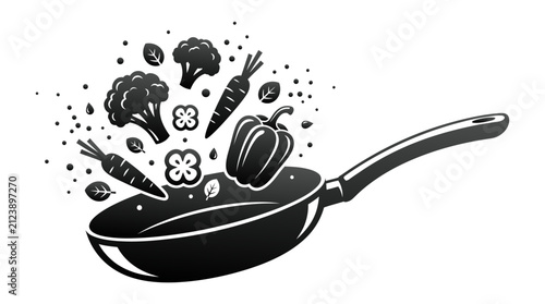 Принти на полотні A dynamic monochrome vector illustration captures fresh organic vegetables tossi