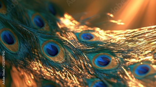 Glistening, iridescent feathers catch warm, golden light in an abstract close-up