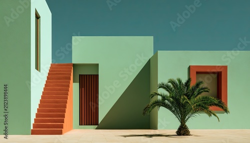 Architectural forms and shadows with palm tree against a blue sky