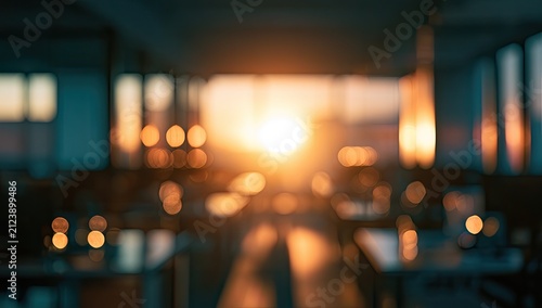 Warm, blurry interior view with golden sunset illuminating the room