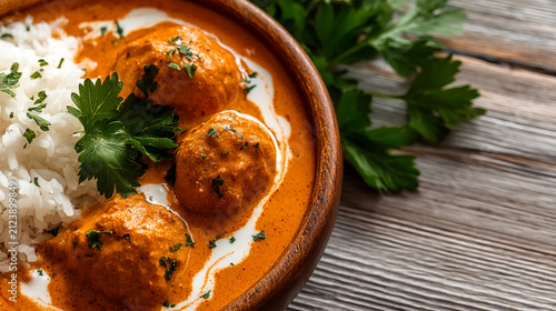 Malai kofta creamy vegetable dumplings in spiced tomato curry served with basmati rice