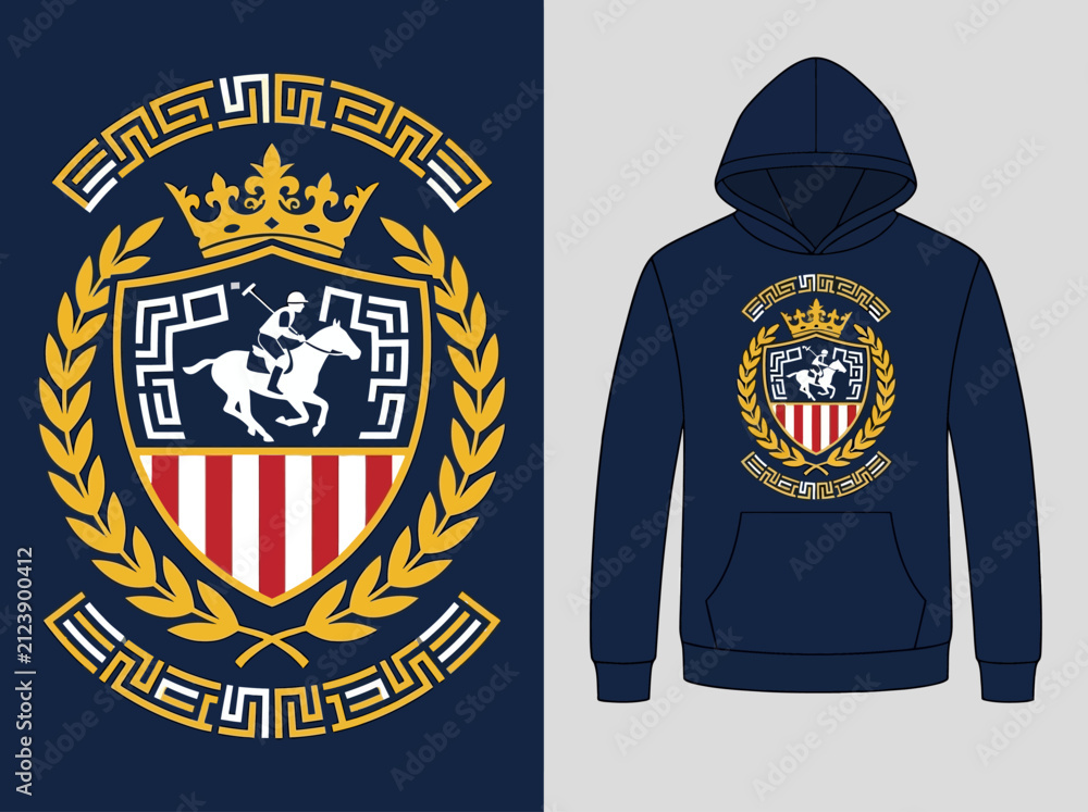 Fototapeta premium Vintage Polo Equestrian Crest Graphic on Navy Hoodie