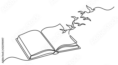 Continuous line drawing of birds flying out of an open book