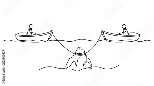 Foto Continuous Line Drawing of Boats Rowed in Opposite Directions