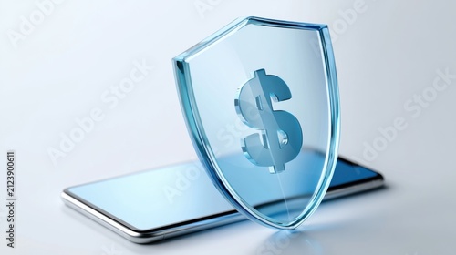 A transparent shield with a dollar sign protects a modern smartphone, symbolizing digital security and financial protection