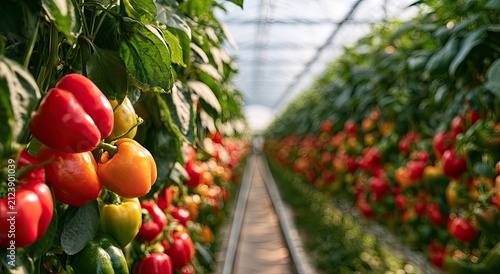 Lush rows of ripe peppers growing in a sunny greenhouse