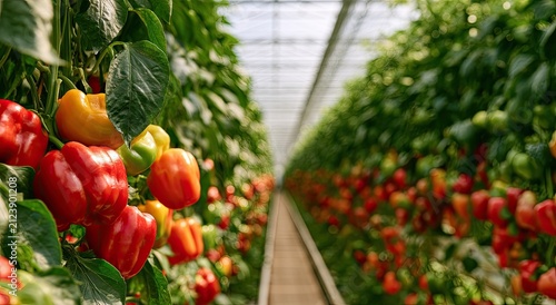 Rows of ripe red and yellow bell peppers growing in a greenhouse