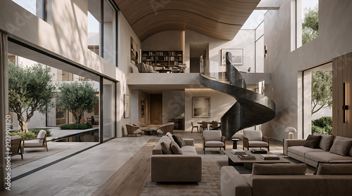 Modern Luxury Living Room with Spiral Staircase and Indoor Garden