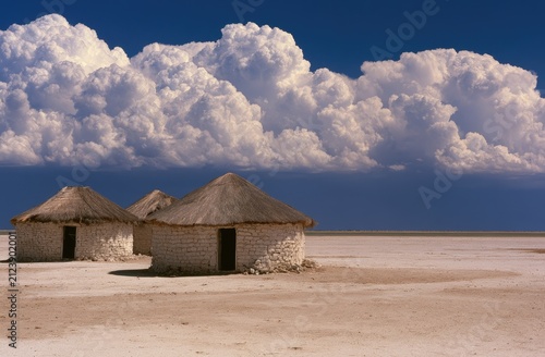 Arid landscape with thatched-roof huts under dramatic clouds