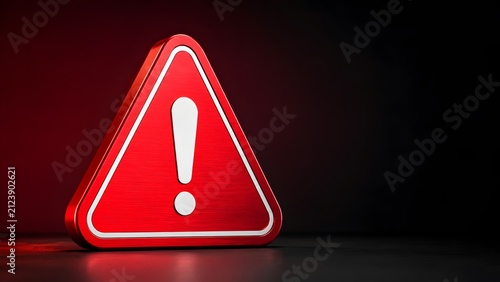 Critical hazard warning sign featuring a metallic red triangle with an exclamation mark representing danger and security alerts on a dark background