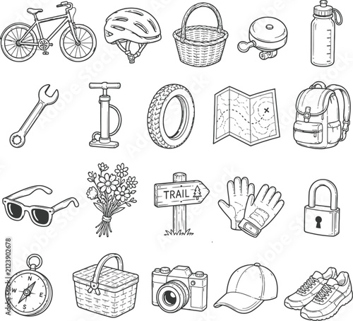 Collection of hand drawn cycling and outdoor adventure equipment icons isolated on transparent background