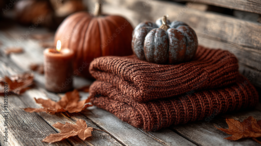 Fototapeta premium Folded brown knitted sweater with pumpkins and candle on wooden surface, pumpkins