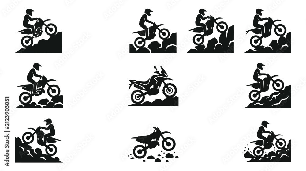 Obraz premium Black motorcycle rider silhouette icons set.
