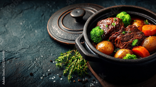 Slow cooked pot roast with carrots potatoes and broccoli in clay pot potatoes broccoli
