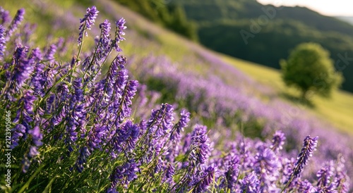 Gentle purple blossoms blanket rolling hills beneath a single tree