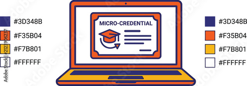 Colorful micro credential certificate on laptop screen with vibrant icons illustration